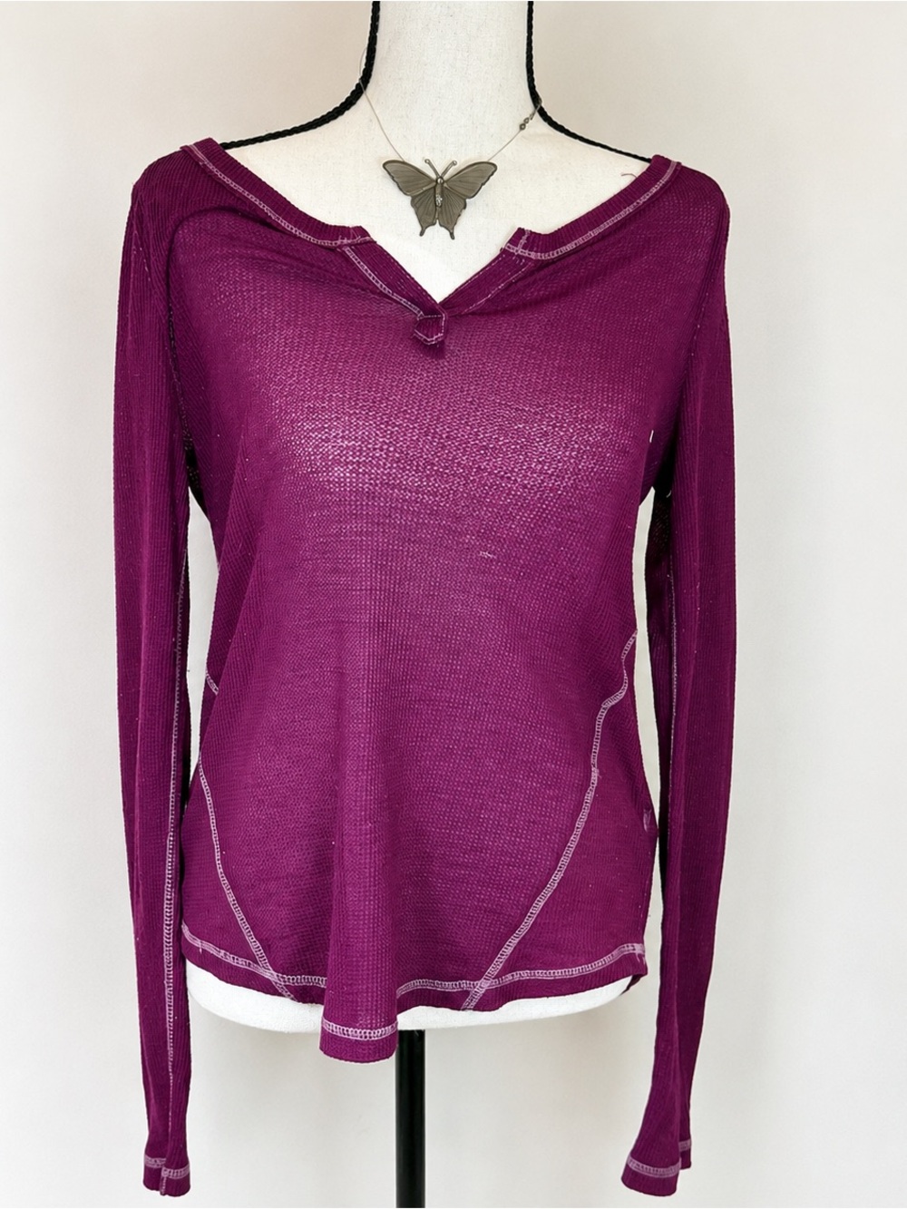 Y2K Indie Grunge Open Semi-sheer Waffle Purple Henley Layering Bella Elena